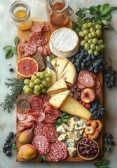 Colorful charcuterie board with assorted cheeses, sliced meats, grapes, figs, nuts, herbs, berries, and honey jars on a rustic wooden background