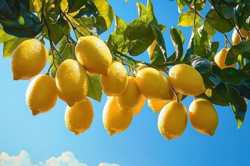Bright yellow lemons hanging in clusters on green leafy branches under a clear blue sky with soft white clouds