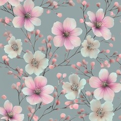 delicate pink and white cherry blossom flowers with buds on thin branches against muted gray background