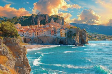 Charming coastal village with colorful houses perched on rocky cliffs beside a vibrant blue sea under a dramatic sky with glowing clouds at sunset