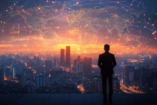 Silhouette of a businessman overlooking a vast illuminated cityscape at sunset with glowing global digital network overlay in the sky, symbolizing connectivity and innovation