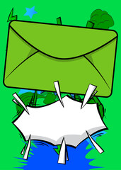 Cartoon Letter Envelope with blank speech bubble, comic book Mail background. Retro vector comics pop art design.