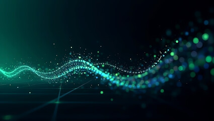 Abstract digital wave of glowing particles and dots, flowing across dark background.