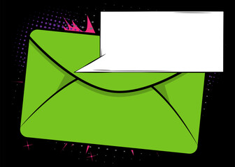 Cartoon Letter Envelope with blank speech bubble, comic book Mail background. Retro vector comics pop art design.