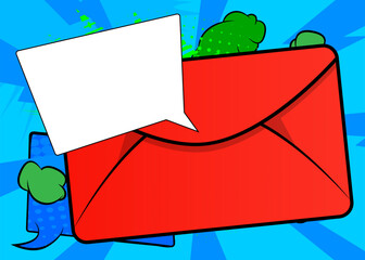 Cartoon Letter Envelope with blank speech bubble, comic book Mail background. Retro vector comics pop art design.