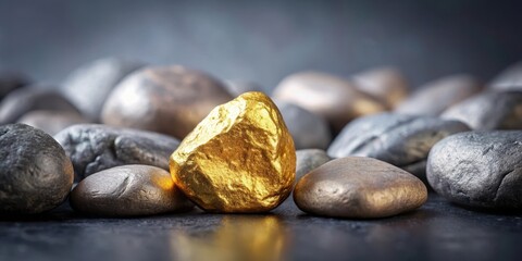 A single golden nugget protrudes from a vast expanse of gray stones