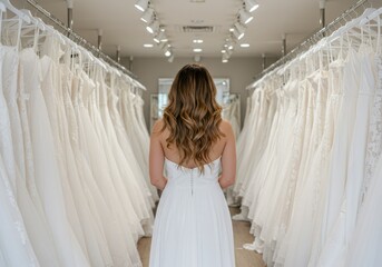 Woman in white dress surrounded by wedding gowns in bridal shop