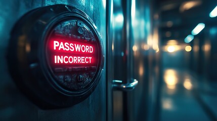 A glowing "PASSWORD INCORRECT" message repeatedly flashing on a futuristic access panel 