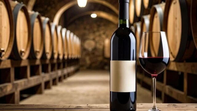 Dark wine bottle with blank label and a glass of red wine displayed on a wooden table inside of a wine cellar.