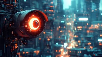 A glowing miniature surveillance camera floating over a futuristic city
