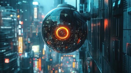 A glowing miniature surveillance camera floating over a futuristic city