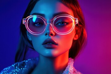 Fototapeta premium Close-up portrait of a young woman wearing large transparent glasses illuminated by contrasting blue and pink neon lights with a confident and calm expression