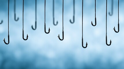 Fishing hooks hanging from strings against a blurred background.