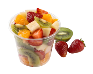 clear plastic fruit cup with colorful fruit pieces