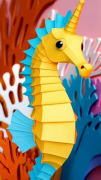 Paper crafted yellow sea horse with a unicorn horn, surrounded by colorful paper coral against a pink backdrop with 3D rendering.