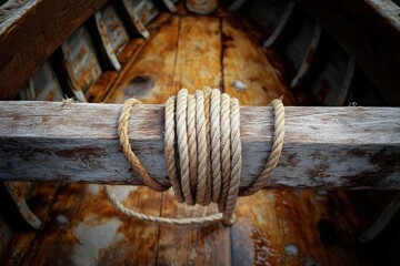 Close-up of coiled rope tied around a weathered wooden oar with blurred wood boat interior background