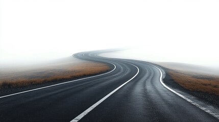 Curved asphalt road disappearing into thick white fog with dry brown grass on both sides under overcast sky