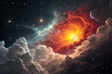 A nebula-like celestial display fills the image