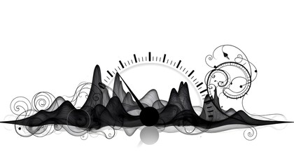 Abstract black and white sound wave illustration with decorative swirl elements and a circular dial design