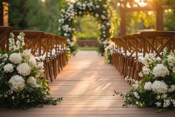 Outdoor pathway lined with wooden chairs and large white floral arrangements leading to a decorated floral arch at sunset