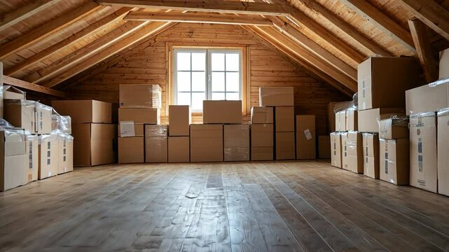 Boxes in attic storage with wooden beams and natural light organization and relocation concept