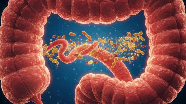 Detailed 3D Render of Human Colon Microbiome with Diverse Bacteria