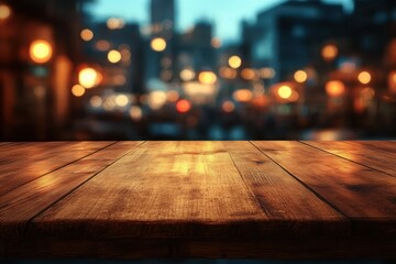 Empty rustic wooden table with warm city lights and blurred urban skyline background at dusk creating a cozy atmosphere