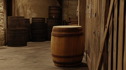 Oak barrel cellar storage, aging spirits, rustic wood warehouse