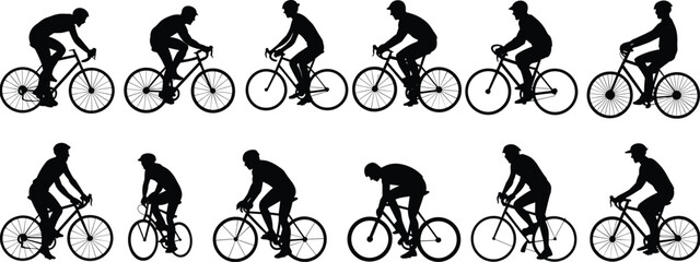 Cyclist silhouette collection, biking pose illustration, sports bike rider vector, cycling man icon, athlete movement design, bicycle posture set