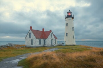 White lighthouse with red roofed adjacent building standing on grassy cliff under cloudy sky near the ocean at sunset