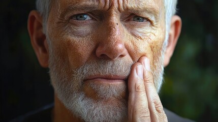 Close-up of an elderly man with a white beard and gray hair showing a serious and thoughtful expression while touching his face
