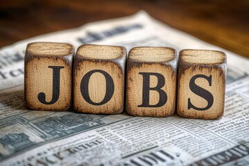 Four wooden blocks with letters spelling 'JOBS' placed on a newspaper with job listings symbolizing employment and job search