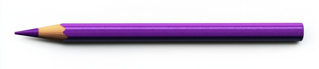 Single sharpened purple colored pencil lying horizontally on a white background with natural wood tip exposed