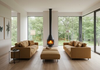 Living room with fireplace and sofas overlooking a green landscape