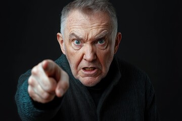 Angry elderly man with gray hair and blue eyes pointing aggressively towards the camera against a dark background expressing frustration and confrontation