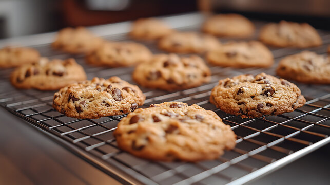 Delicious freshly baked chocolate chip cookies cooling on a metal wire rack after baking.
