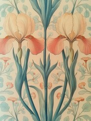 Delicate symmetrical illustration of large blooming irises with tall green leaves against a background of pastel small flowers and foliage expressing elegance and calm