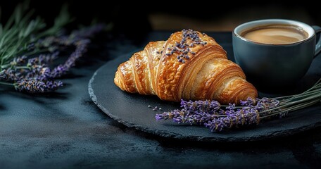 Golden brown croissant with lavender sprinkled on top served on a black slate plate alongside a matching cup of coffee and lavender sprigs on a dark textured surface