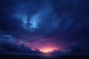 Dramatic sunset over the ocean with vibrant purple and orange colors beneath dark swirling clouds creating a moody and intense atmosphere
