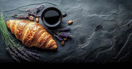 Freshly baked croissant with sprigs of lavender and coffee beans next to a black cup of coffee on dark textured stone surface, cozy morning vibe