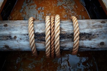 Close-up of thick brown rope wrapped tightly multiple times around a weathered wooden beam with rusty orange background