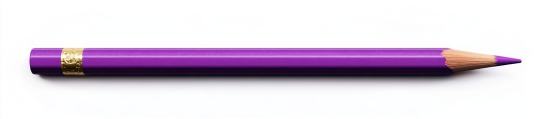 Single purple colored pencil with wooden tip lying horizontally on white background, highlighting texture and sharp pointed end