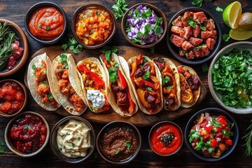 Variety of colorful tacos on wooden board surrounded by bowls of fresh salsas, chopped vegetables, sauces, and herbs on rustic wooden surface