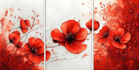 Triptych artwork featuring vivid red poppy flowers with delicate branches against a soft white and orange gradient background, evoking warmth and vitality