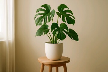 Monstera Plant in White Pot on Wooden Stool