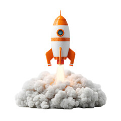 Cartoon rocket soars amidst puffy clouds