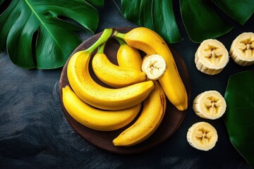 Bright ripe bananas on a wooden plate surrounded by green tropical leaves and sliced banana pieces on a dark textured surface