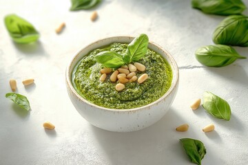 bowl of fresh green pesto sauce garnished with pine nuts and basil leaves on white textured surface surrounded by scattered basil leaves and pine nuts