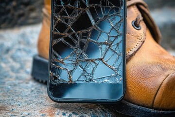 Close-up of a smartphone with a severely cracked screen leaning against a worn brown leather boot on a rough outdoor surface