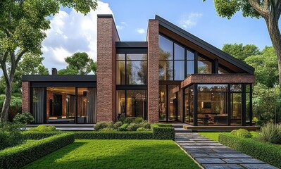 Modern brick house with large glass windows surrounded by lush green lawn, trimmed bushes, tall trees, and a stone pathway under a partly cloudy blue sky